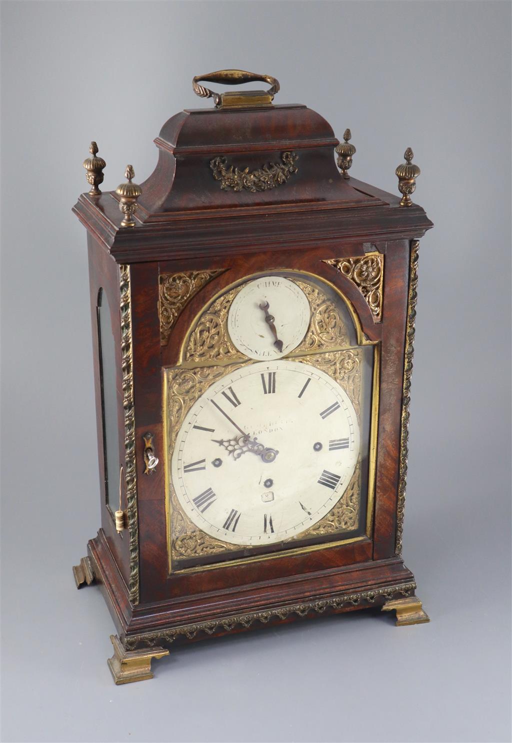 Goodrich of London. A George III ormolu mounted mahogany repeating chiming bracket clock, height 21in.